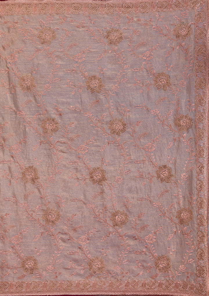 Light Brown Threadwork Raw Silk Saree