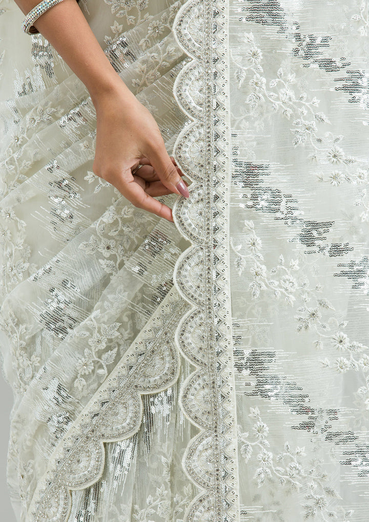 Off White Threadwork Net Saree