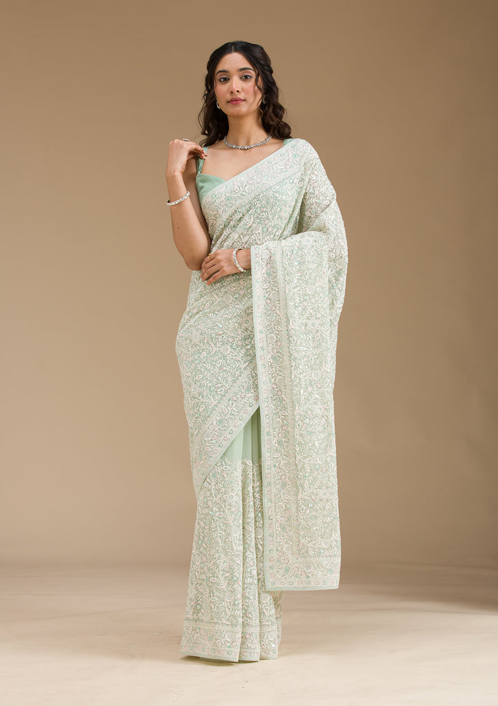 Pista Green Threadwork Georgette Saree