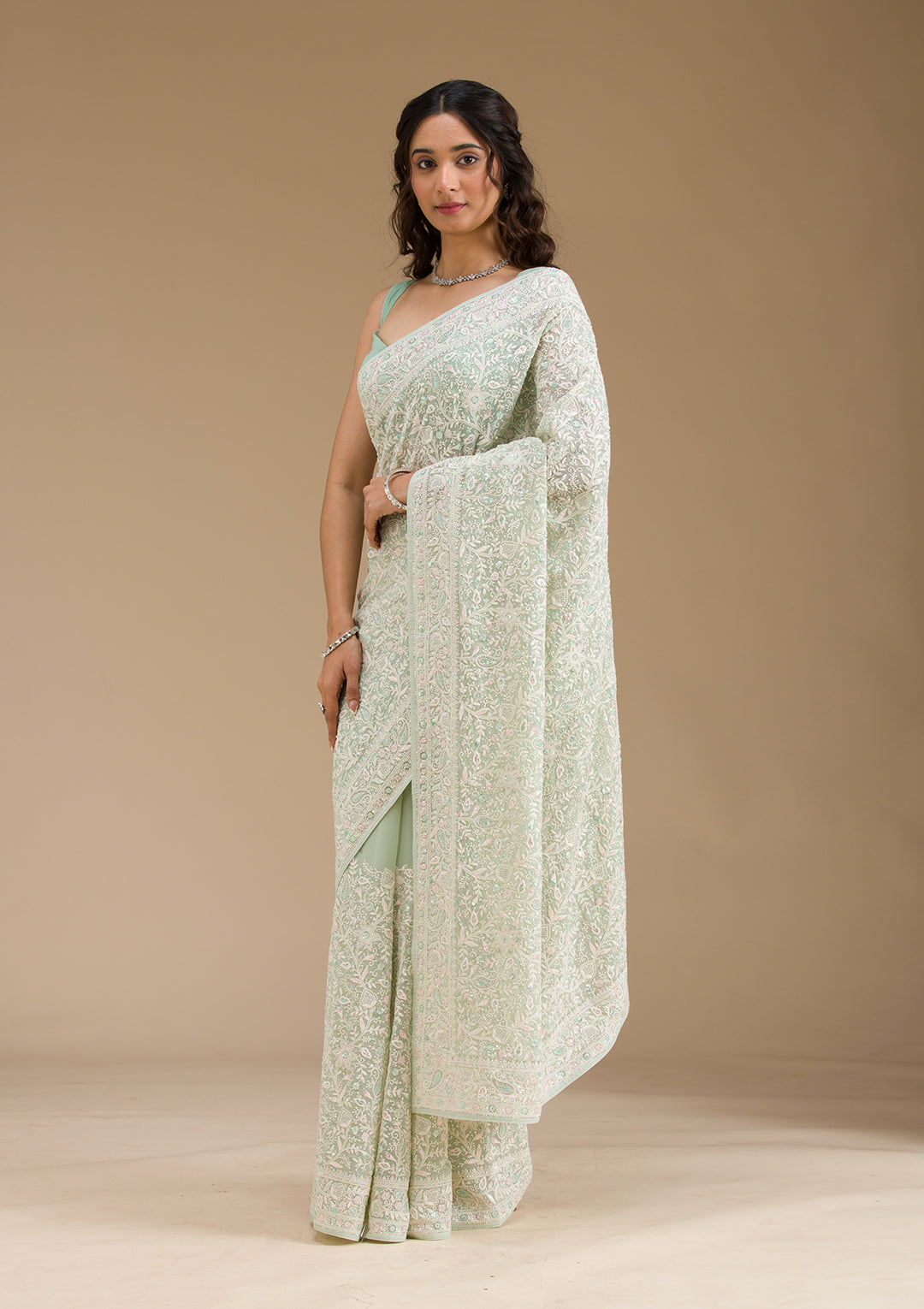 Pista Green Threadwork Georgette Saree
