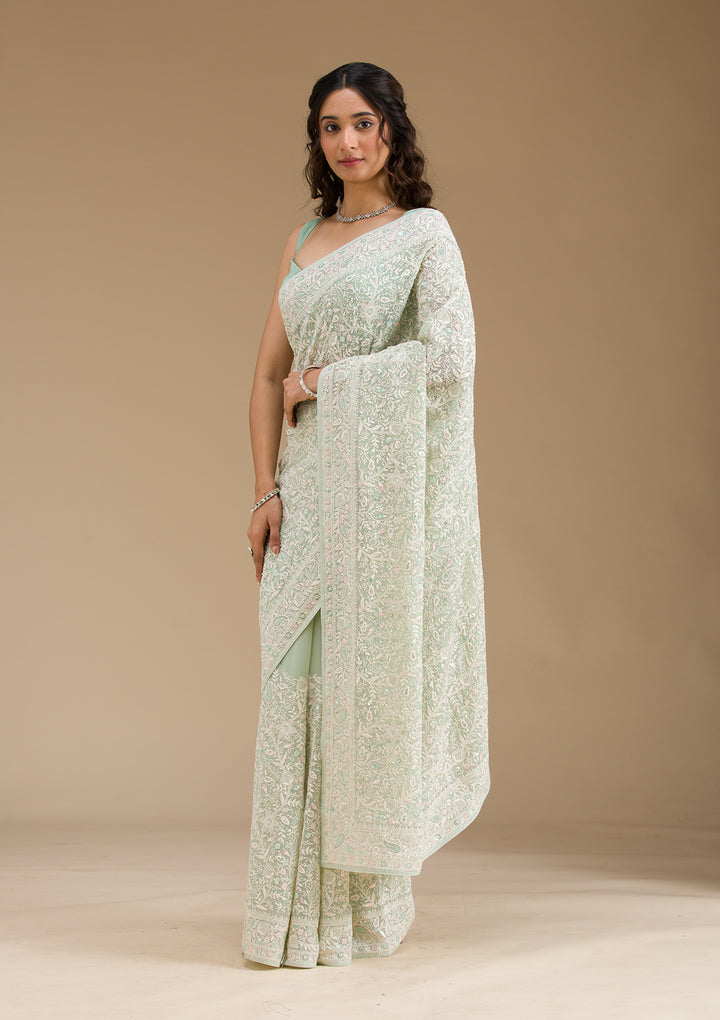 Pista Green Threadwork Georgette Saree