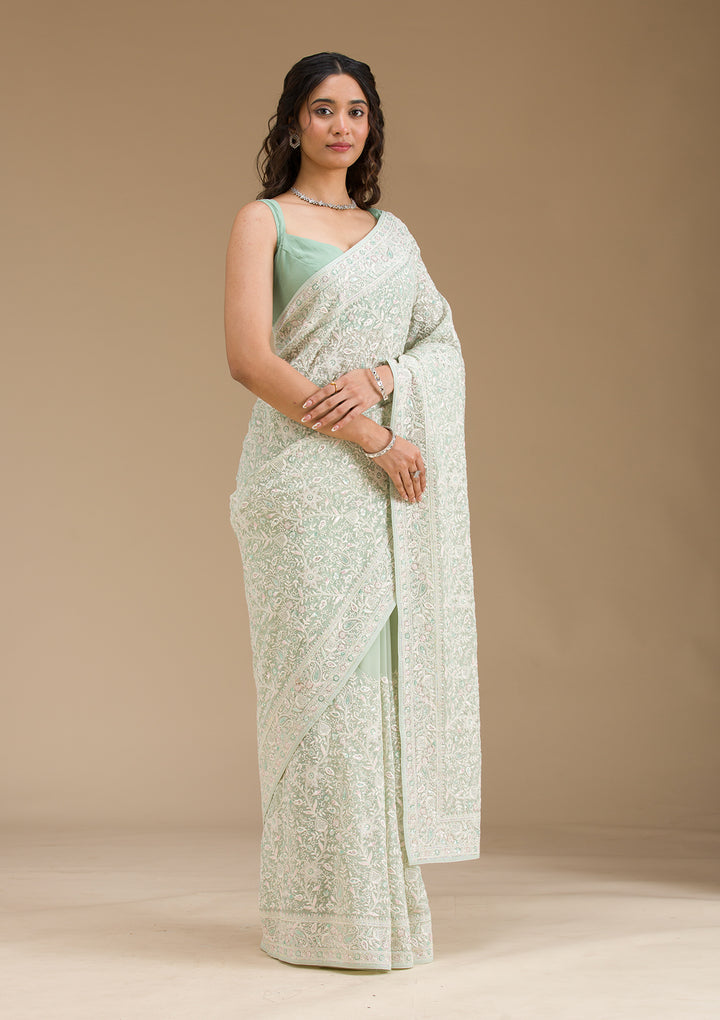 Pista Green Threadwork Georgette Saree
