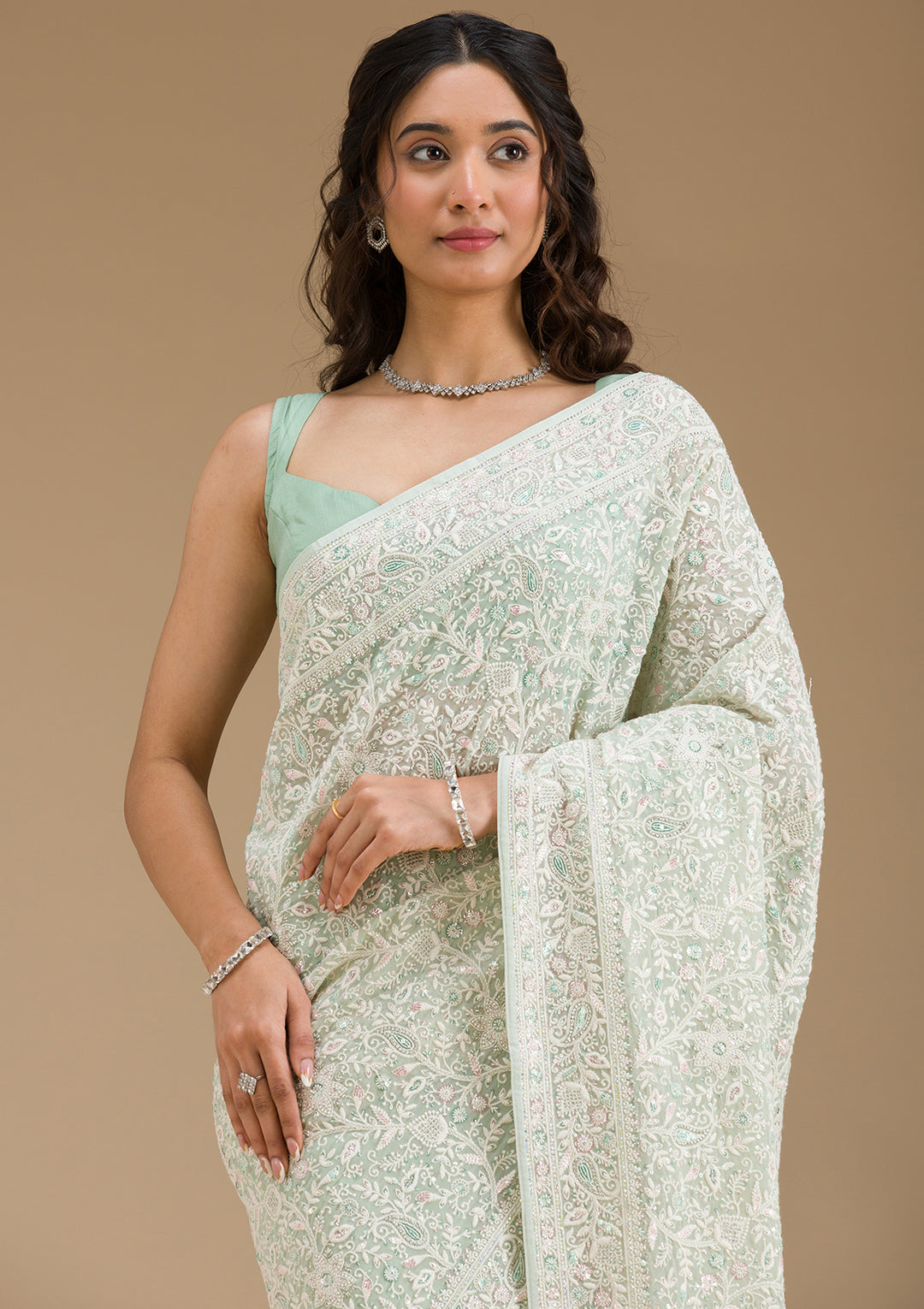 Pista Green Threadwork Georgette Saree