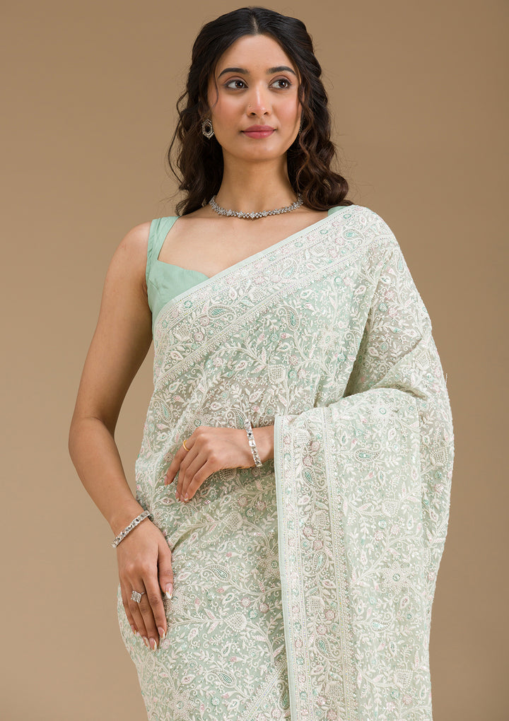 Pista Green Threadwork Georgette Saree