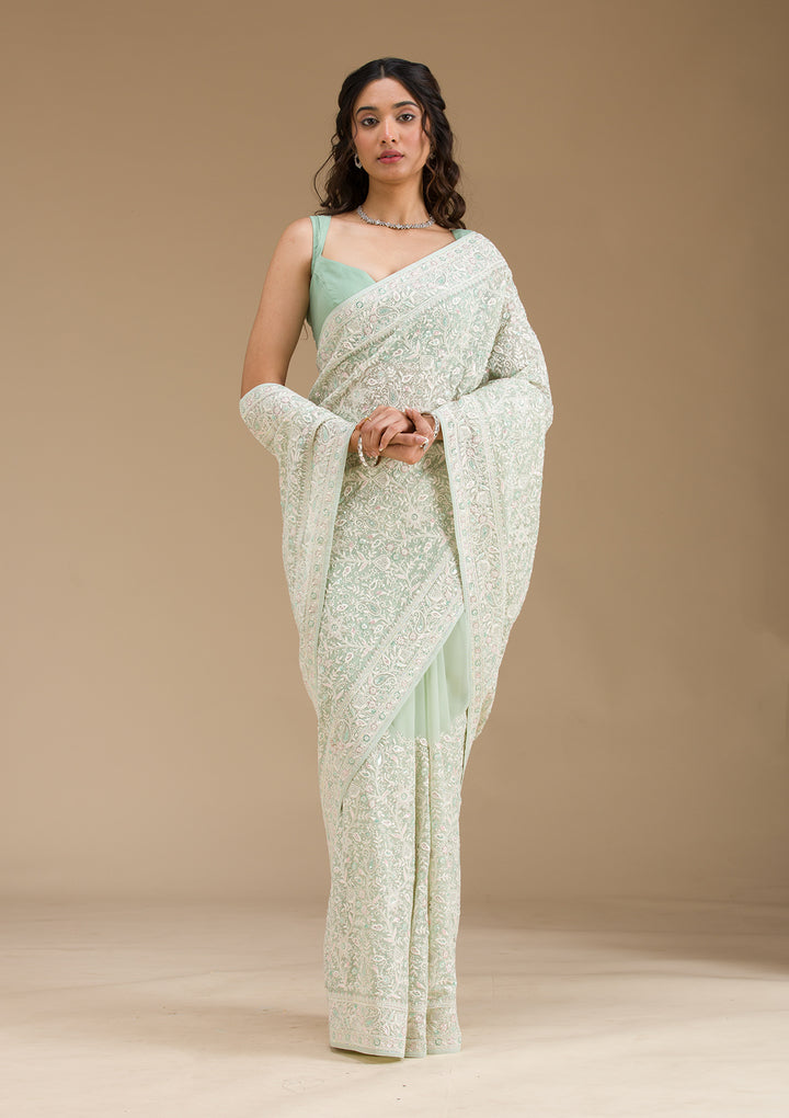 Pista Green Threadwork Georgette Saree
