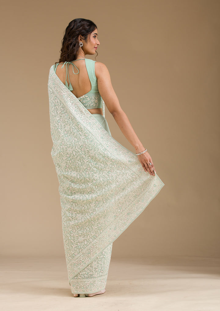 Pista Green Threadwork Georgette Saree