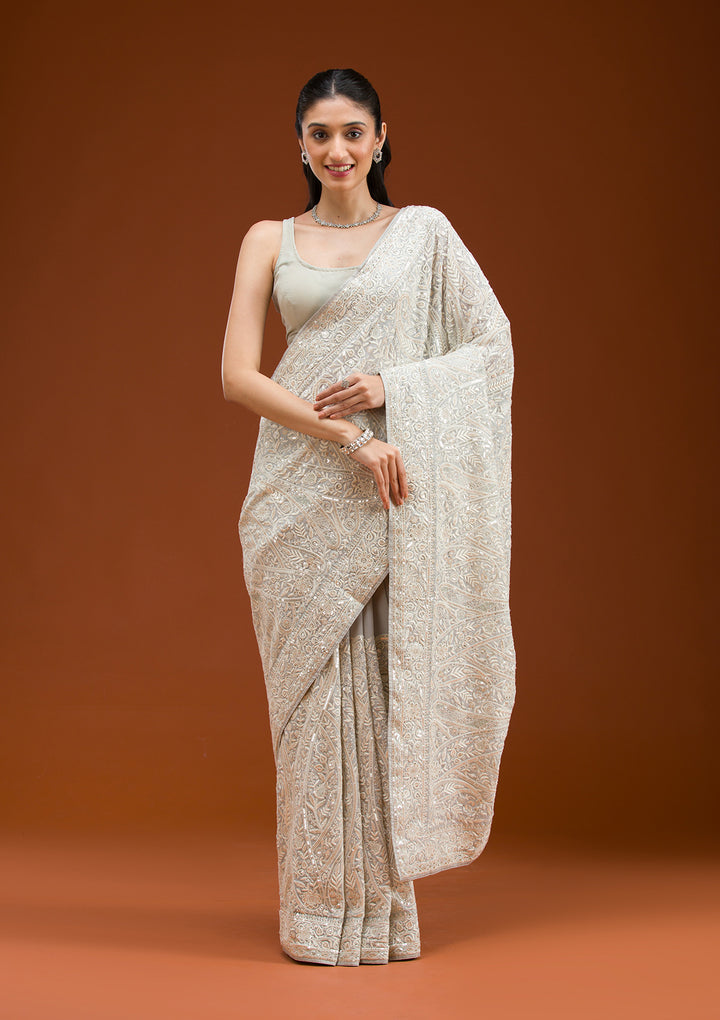 Grey Threadwork Georgette Saree