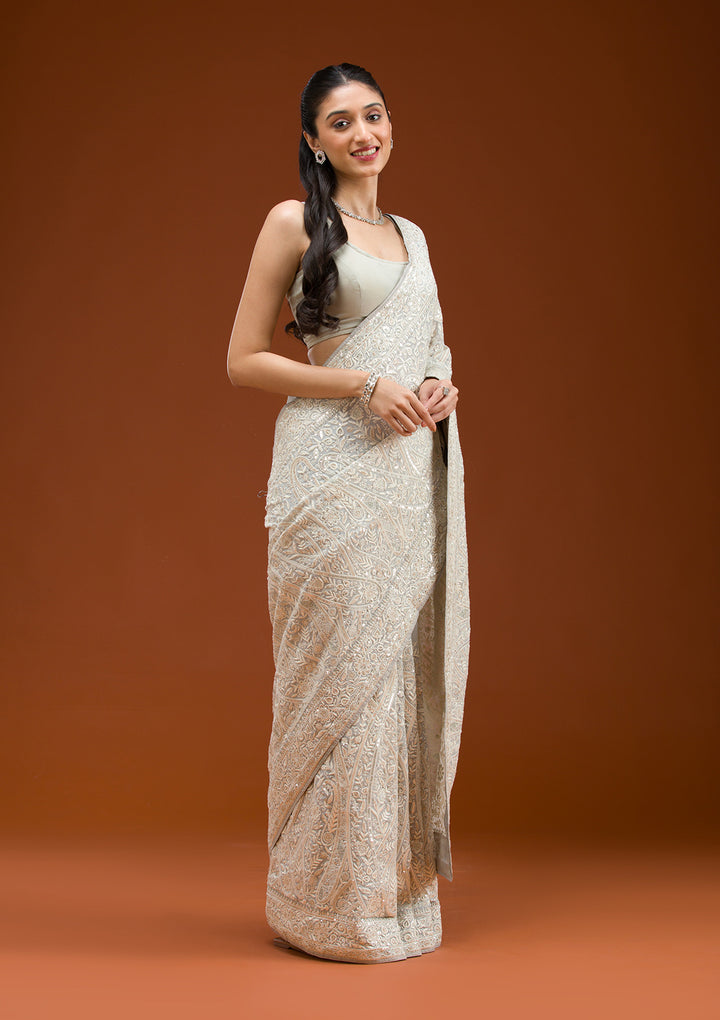 Grey Threadwork Georgette Saree