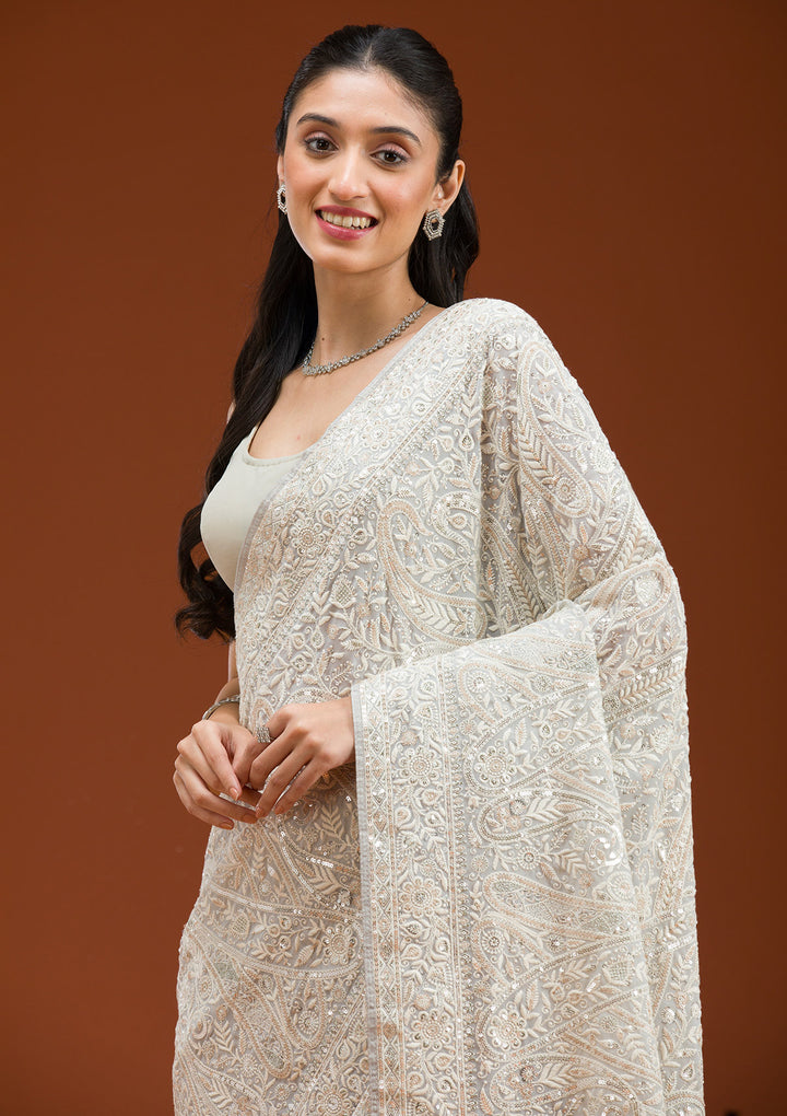 Grey Threadwork Georgette Saree