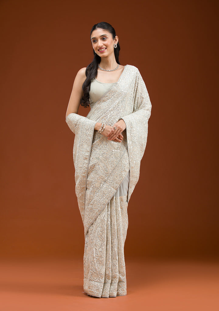 Grey Threadwork Georgette Saree