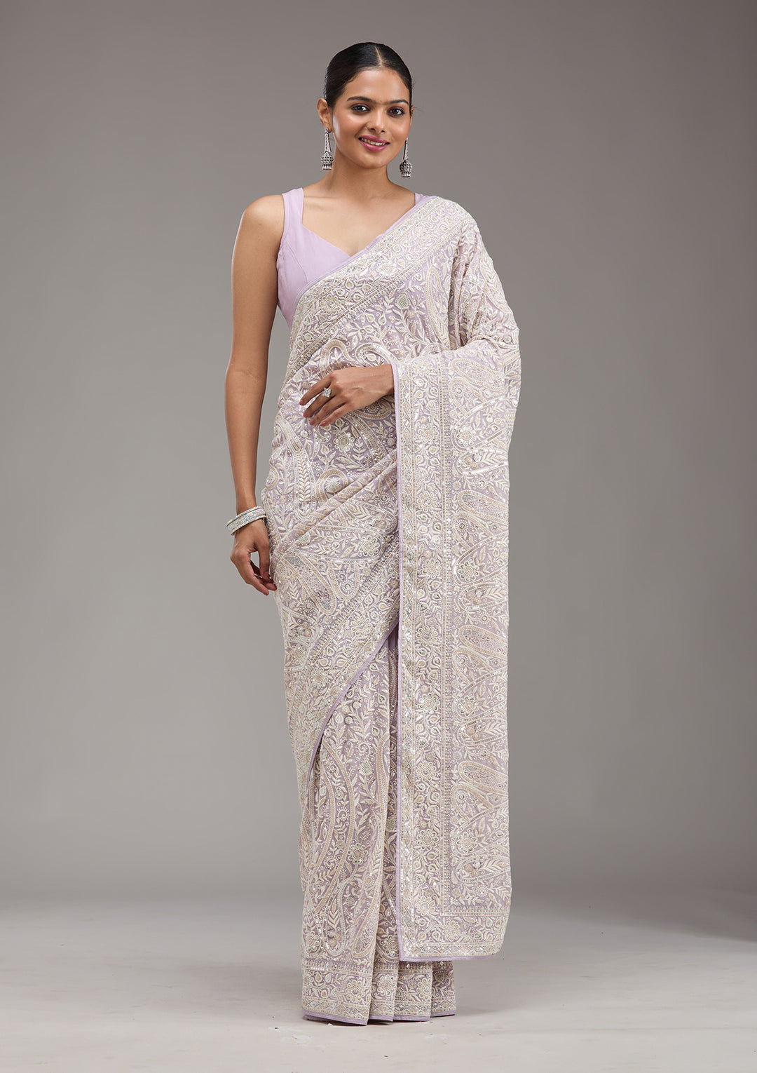 Lavender Threadwork Georgette Saree