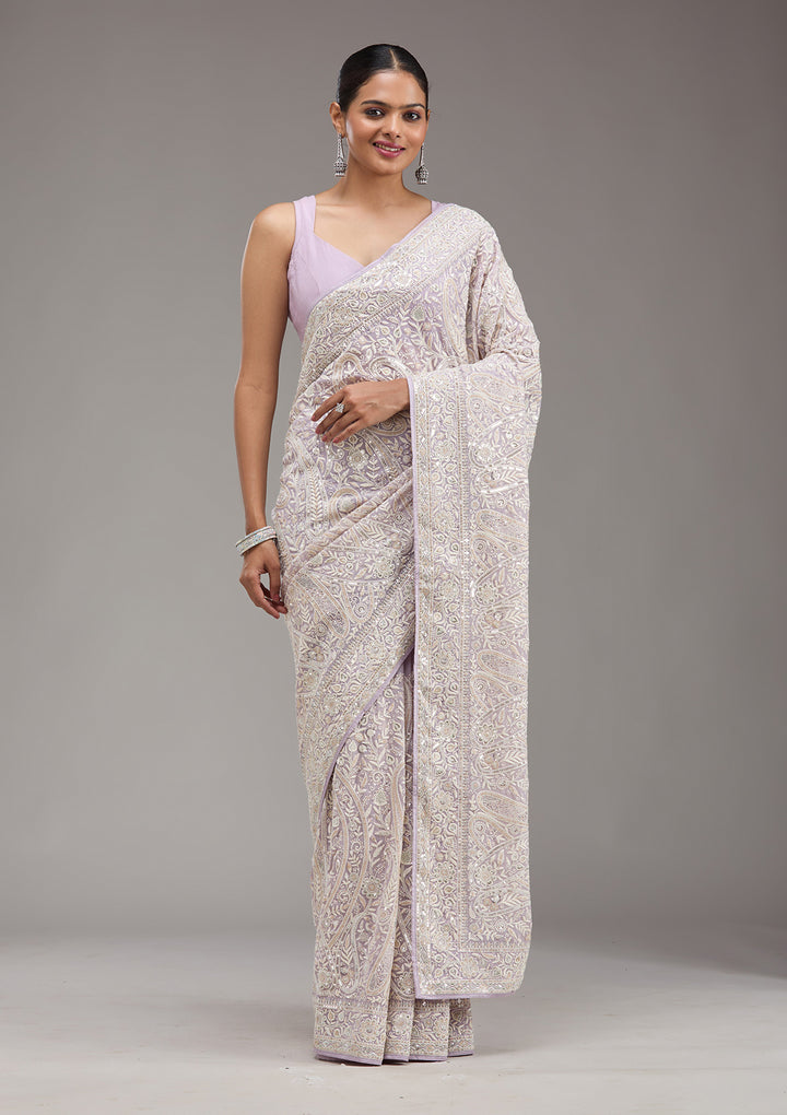 Lavender Threadwork Georgette Saree