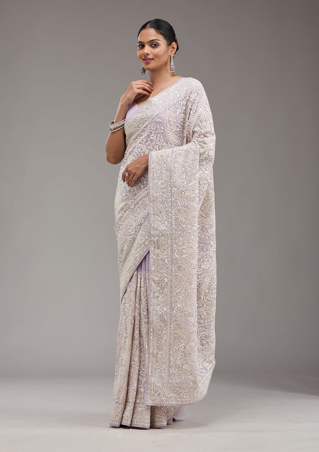 Lavender Threadwork Georgette Saree