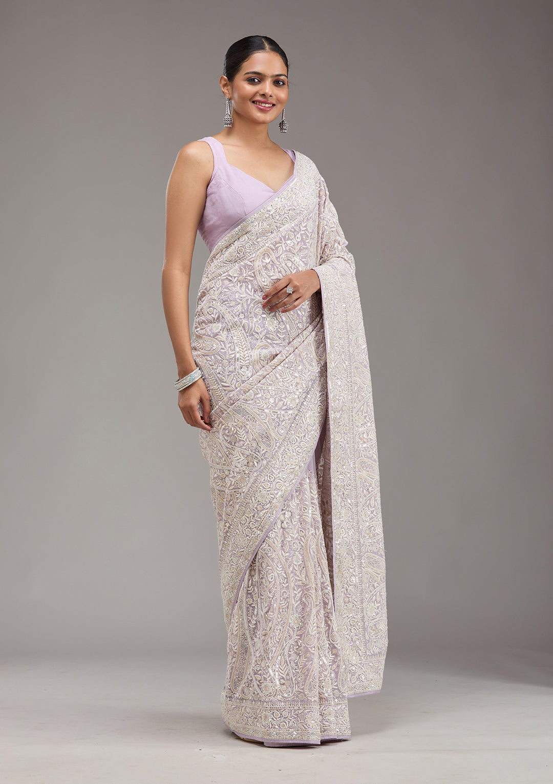 Lavender Threadwork Georgette Saree