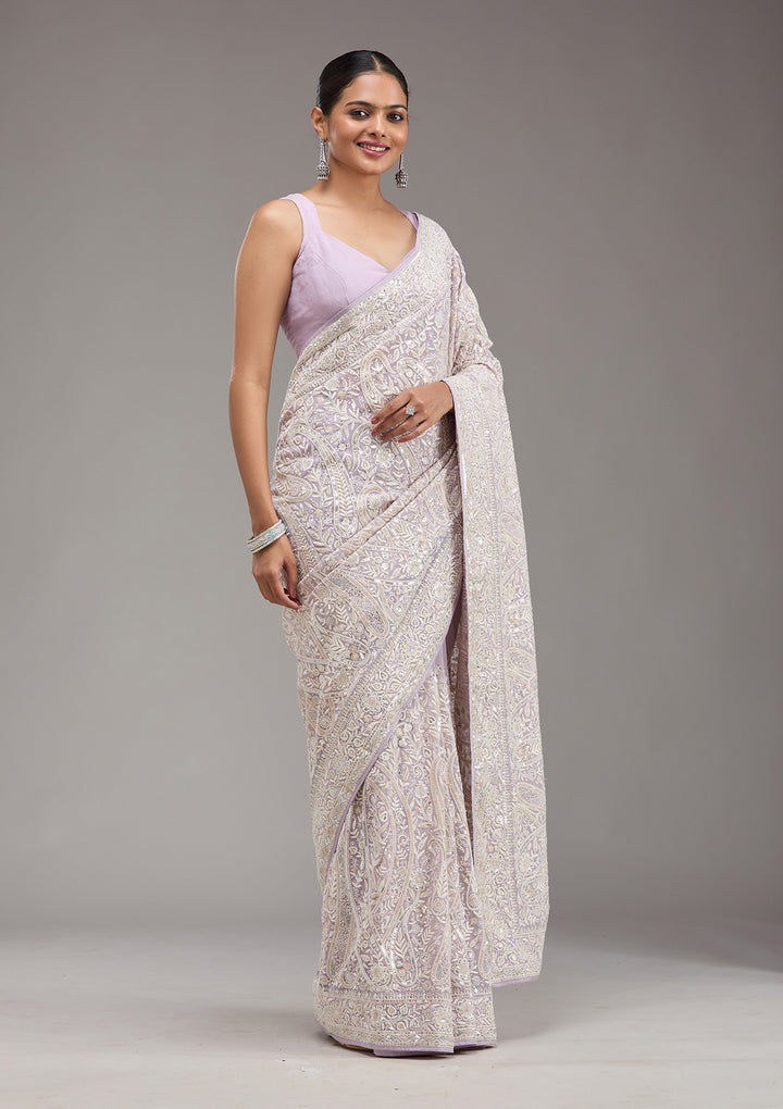 Lavender Threadwork Georgette Saree
