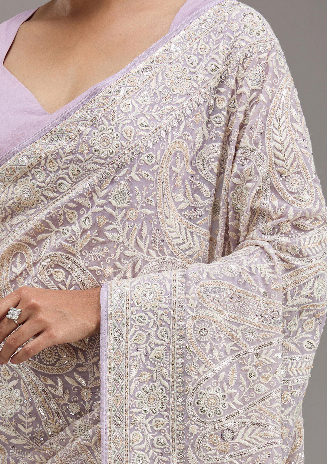 Lavender Threadwork Georgette Saree