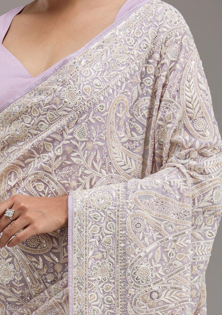 Lavender Threadwork Georgette Saree