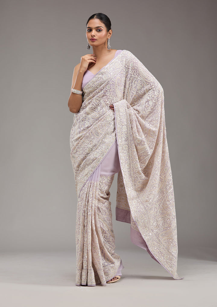 Lavender Threadwork Georgette Saree