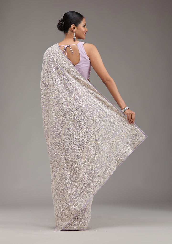 Lavender Threadwork Georgette Saree