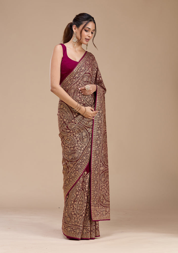 Wine Kashmiri Georgette Saree