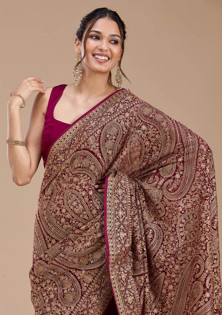 Wine Kashmiri Georgette Saree