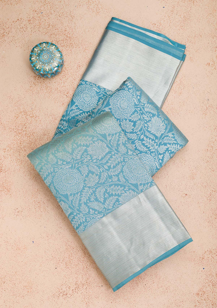 Turquoise Blue Zariwork Pure Silk Saree