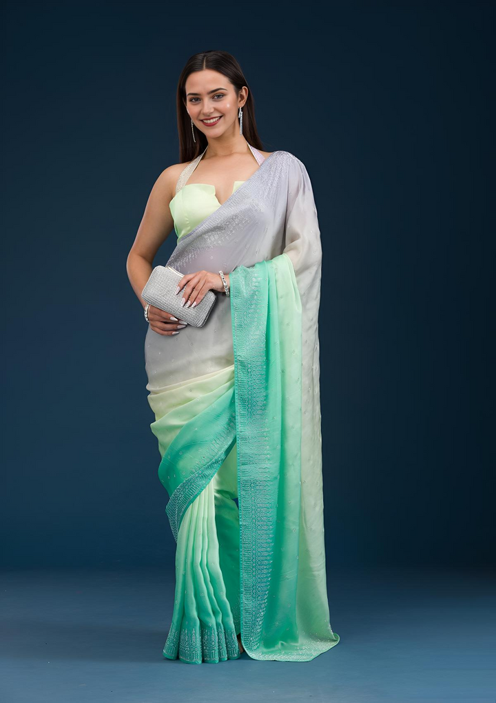 Grey Stonework Satin Saree