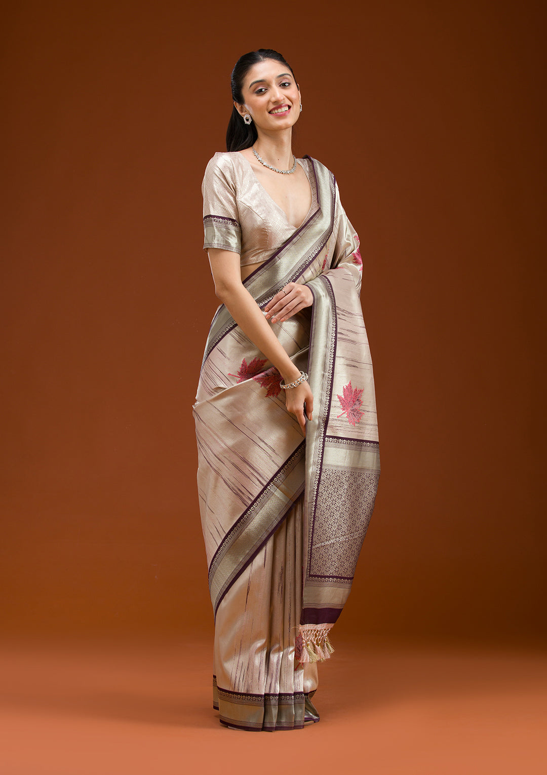 Beige Printed Art Silk Saree
