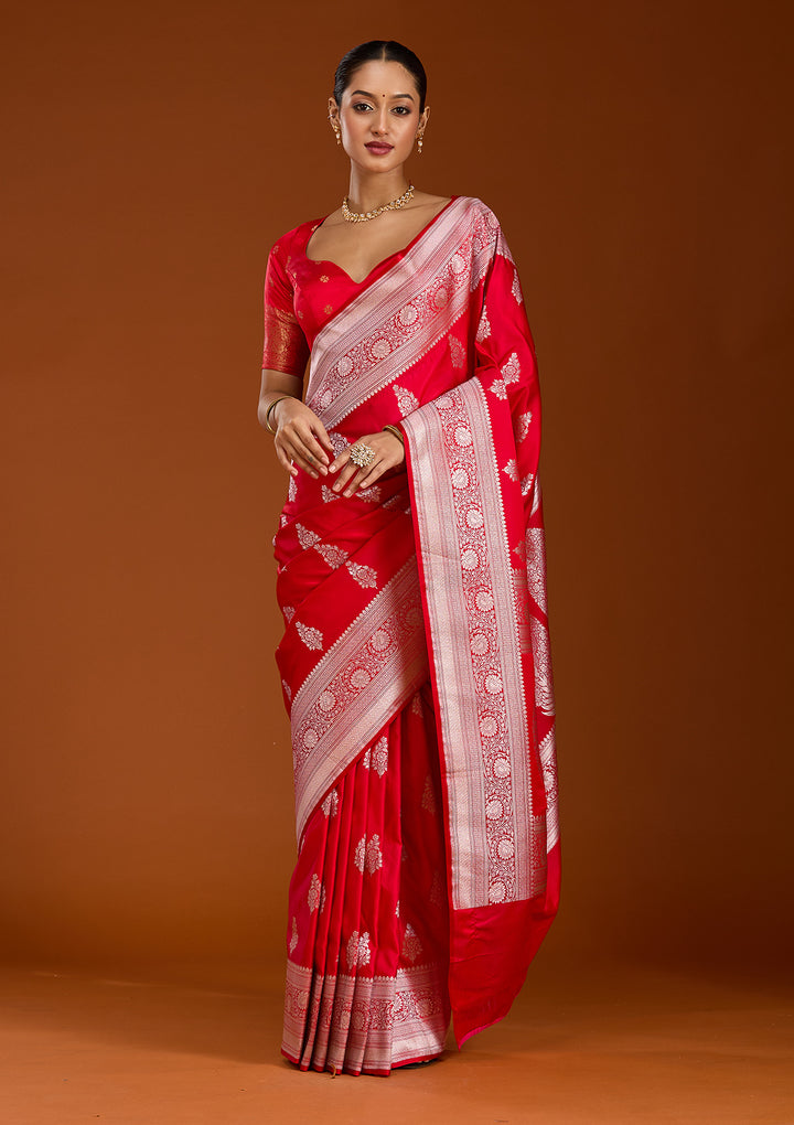 Red Zariwork (Silver) Satin Silk Saree