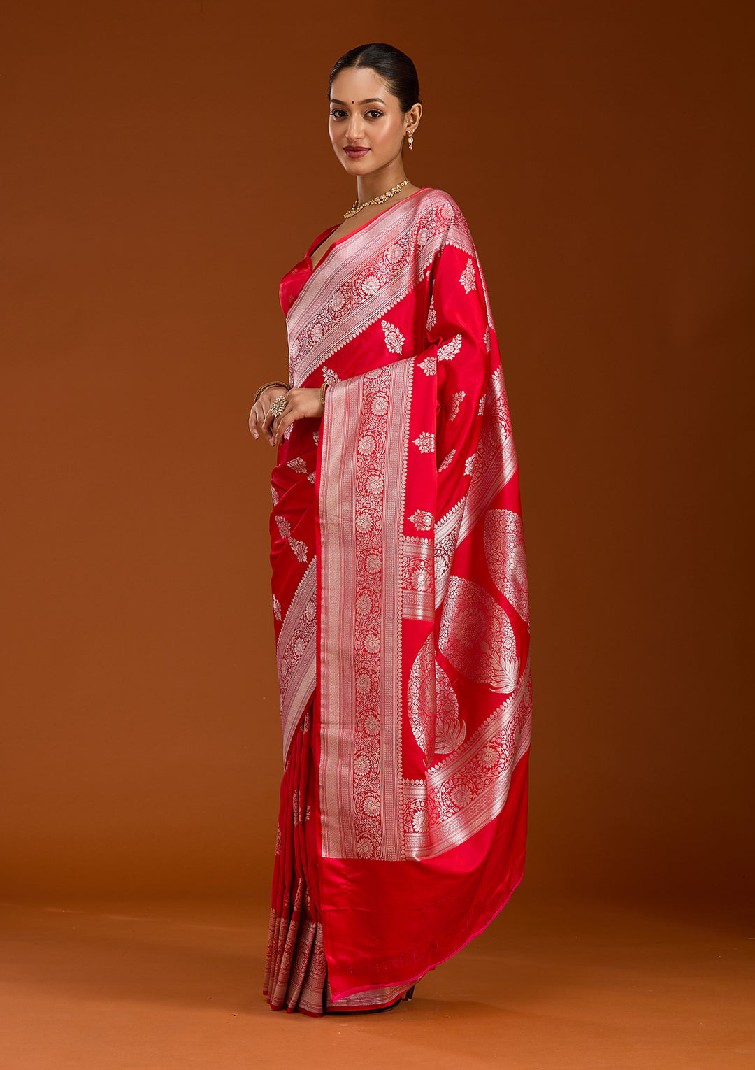 Red Zariwork (Silver) Satin Silk Saree