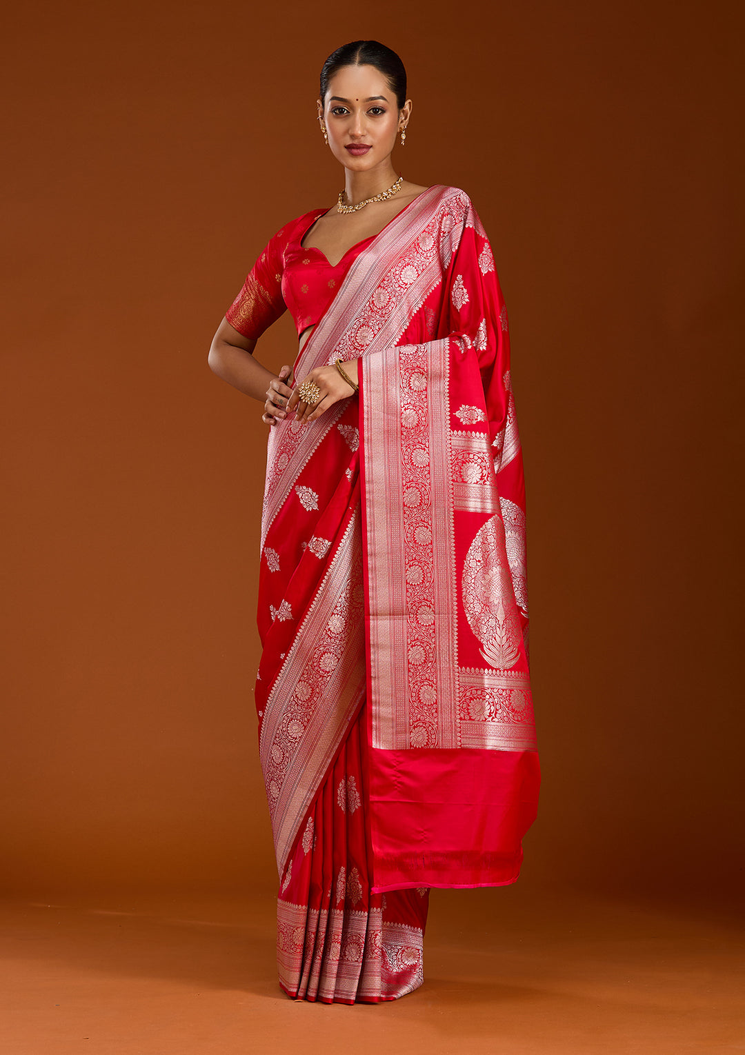 Red Zariwork (Silver) Satin Silk Saree