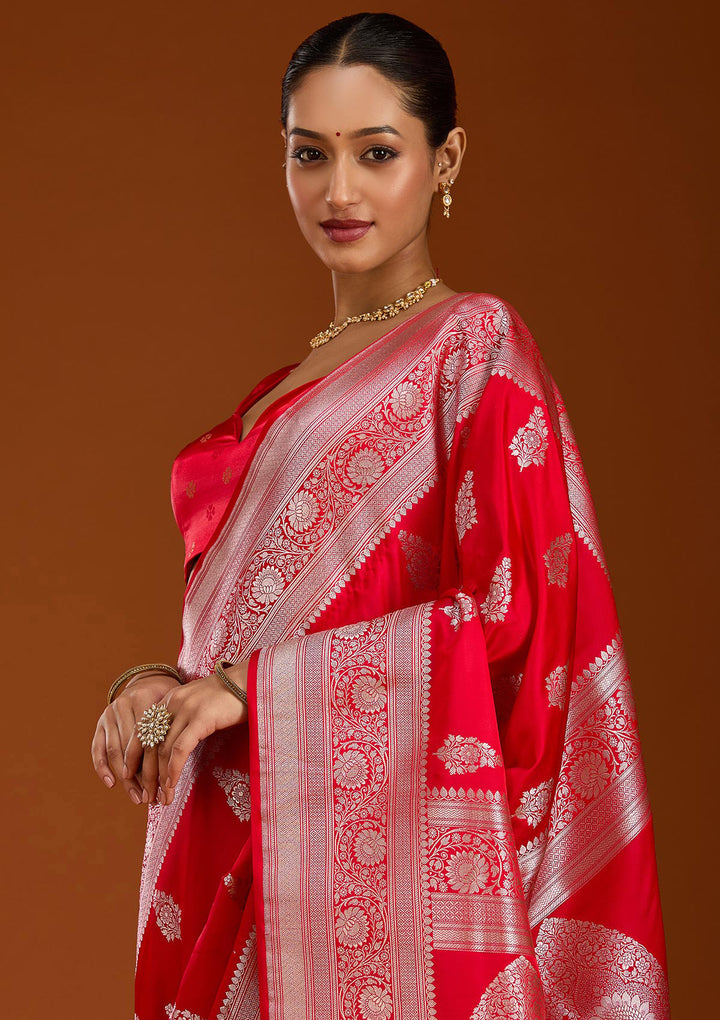Red Zariwork (Silver) Satin Silk Saree