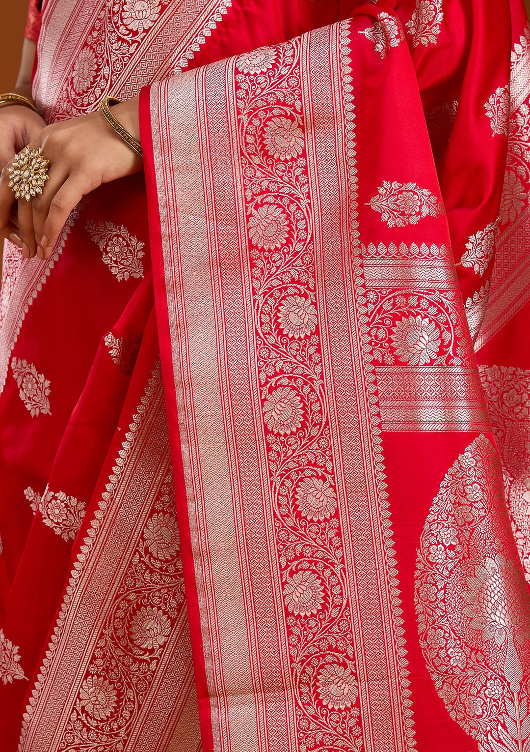 Red Zariwork (Silver) Satin Silk Saree