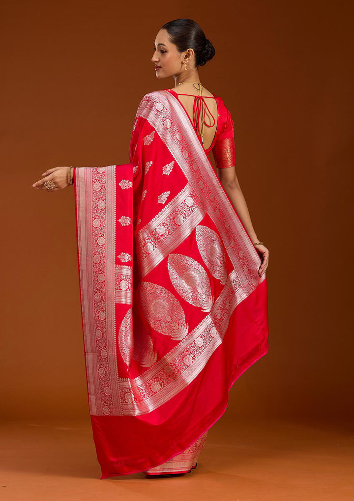 Red Zariwork (Silver) Satin Silk Saree