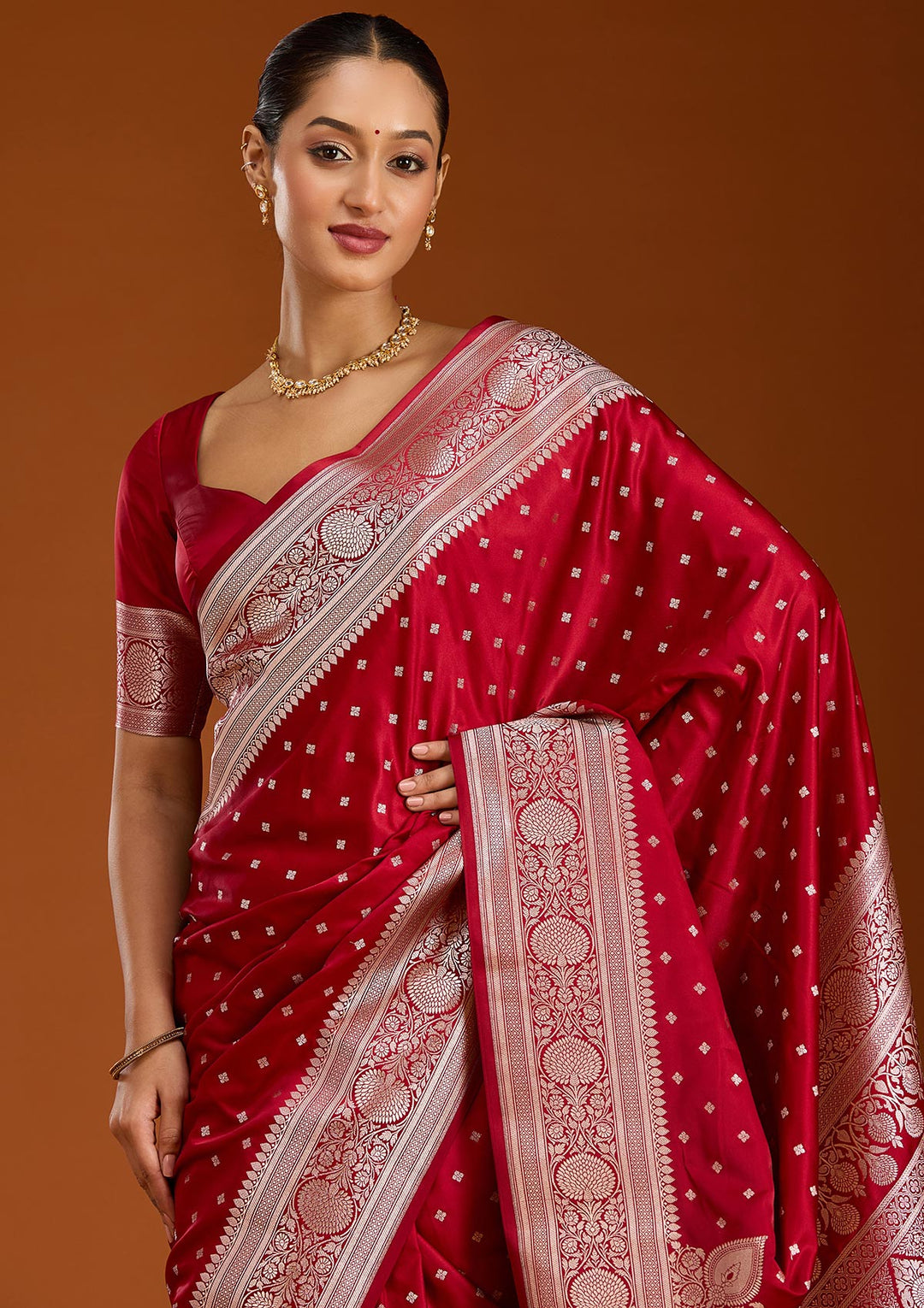 Maroon Zariwork (Gold) Satin Silk Saree