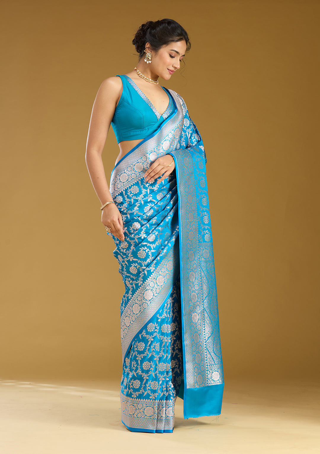 Sky Blue Zariwork (Gold) Satin Silk Saree