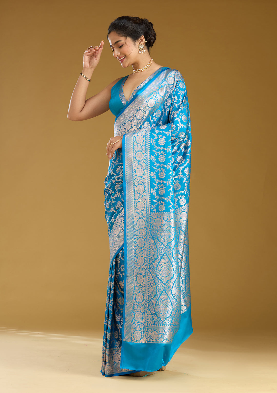 Sky Blue Zariwork (Gold) Satin Silk Saree
