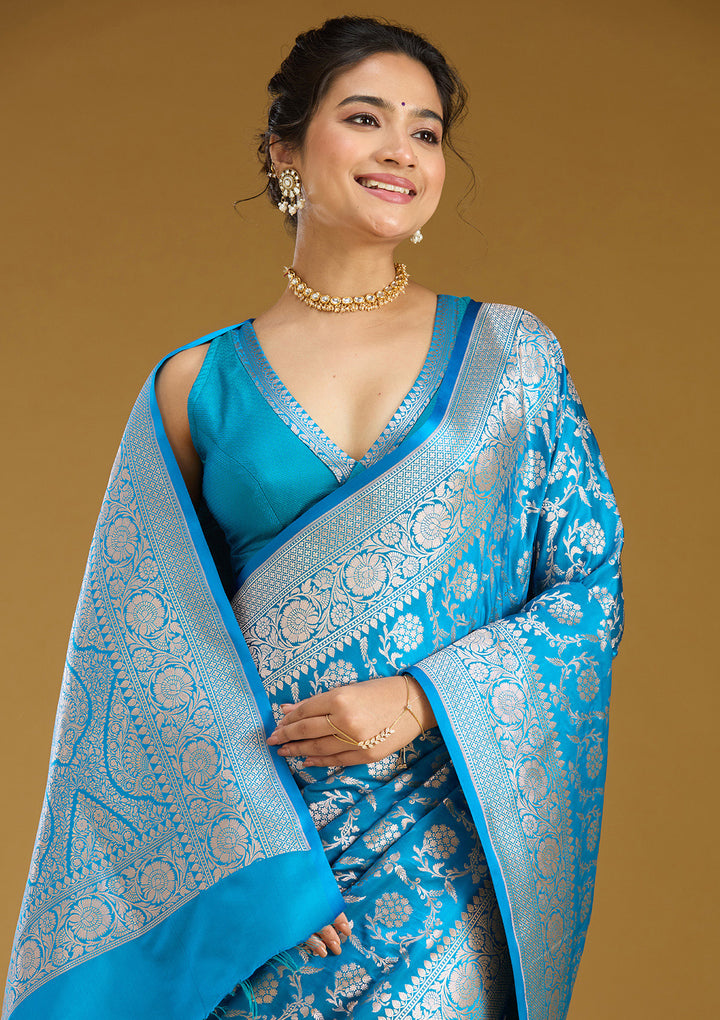 Sky Blue Zariwork (Gold) Satin Silk Saree