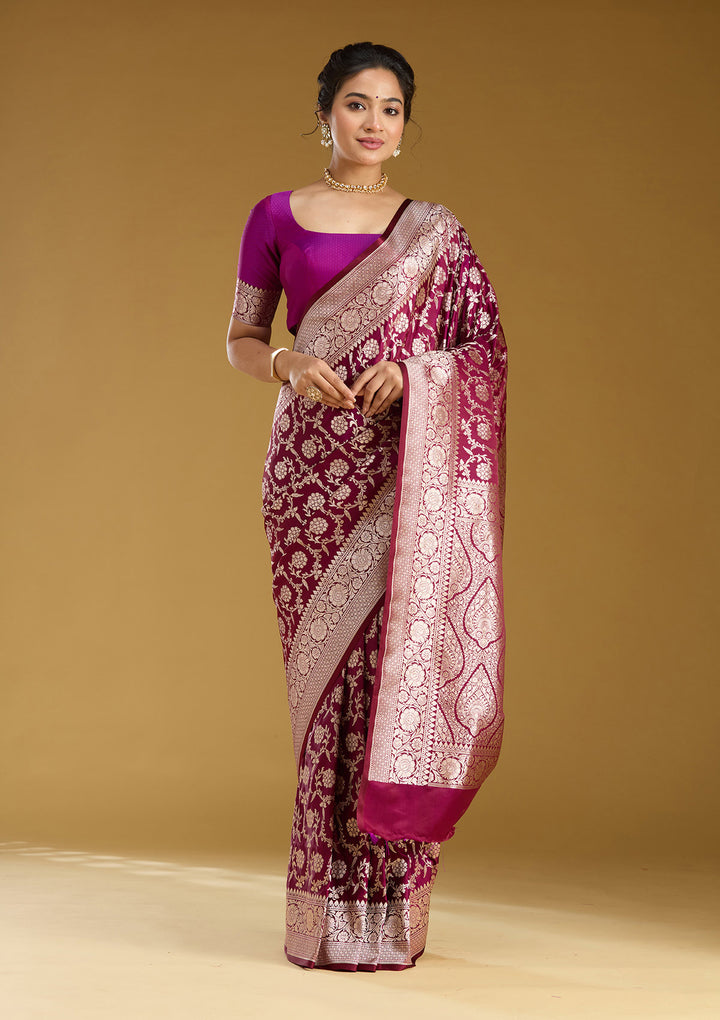Wine Zariwork (Gold) Satin Silk Saree
