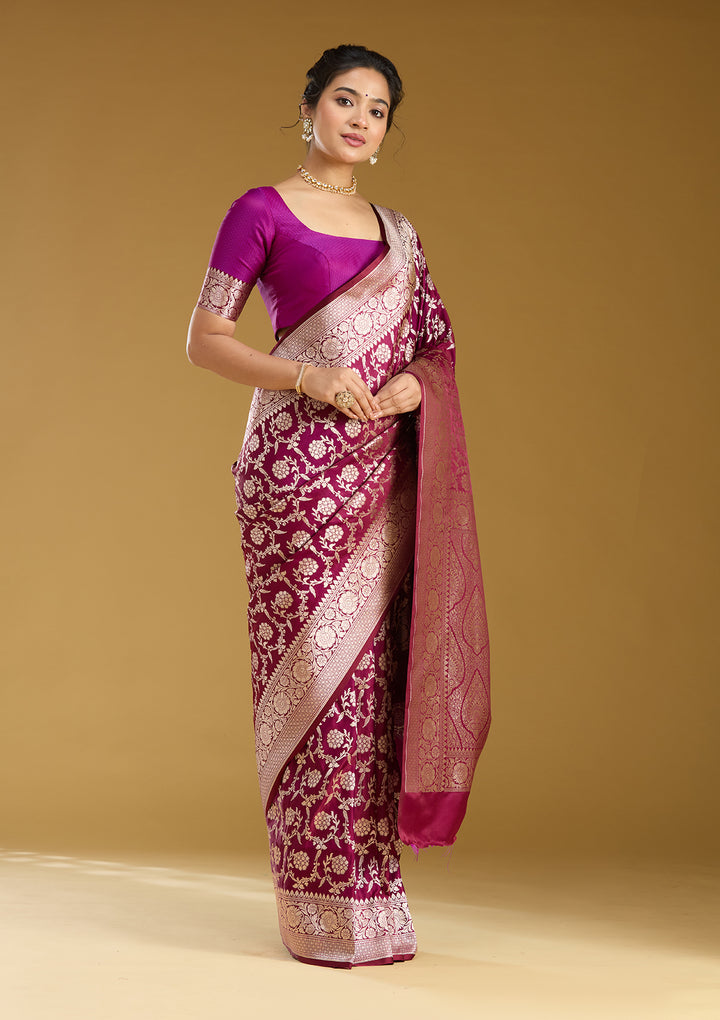 Wine Zariwork (Gold) Satin Silk Saree