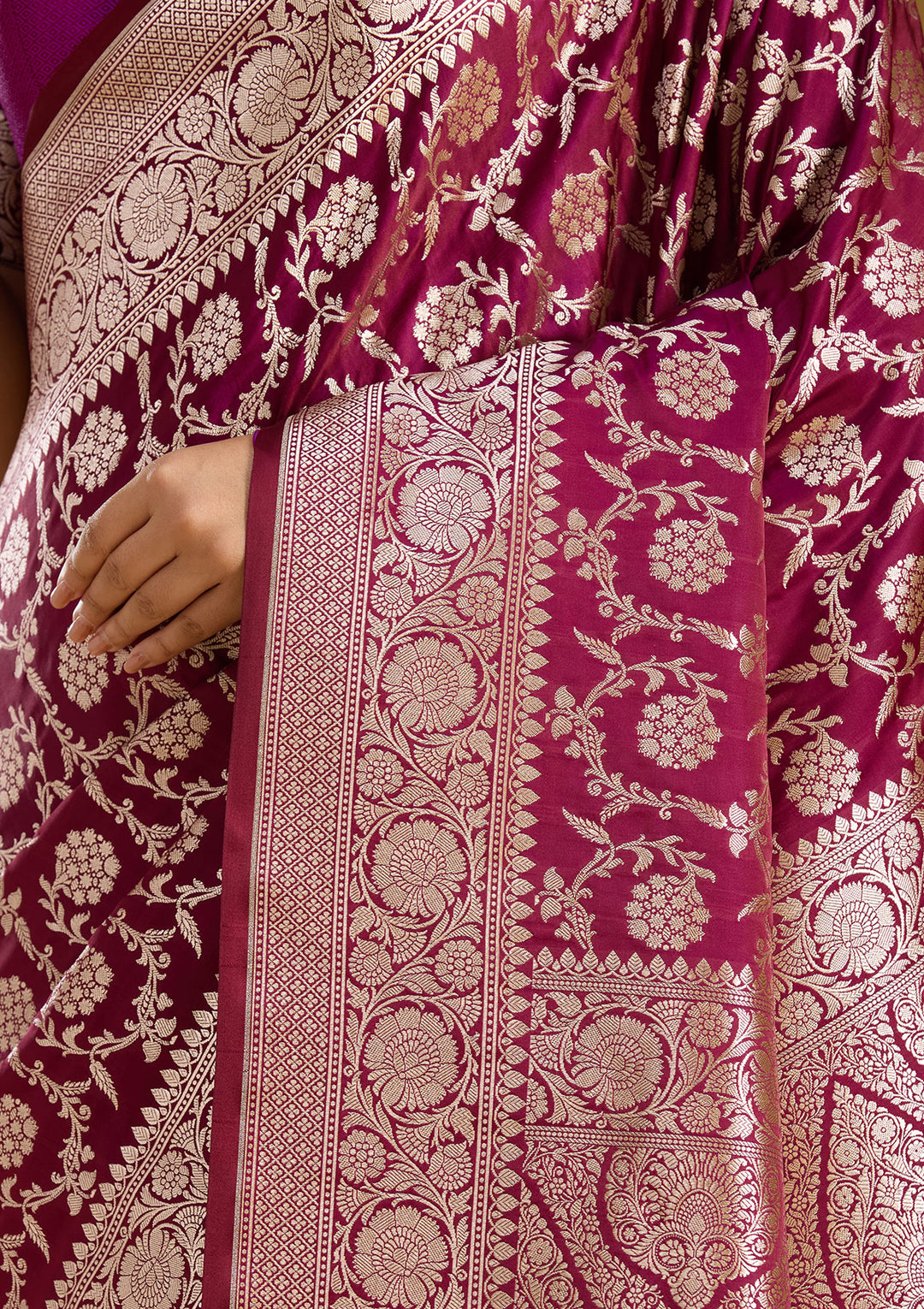 Wine Zariwork (Gold) Satin Silk Saree