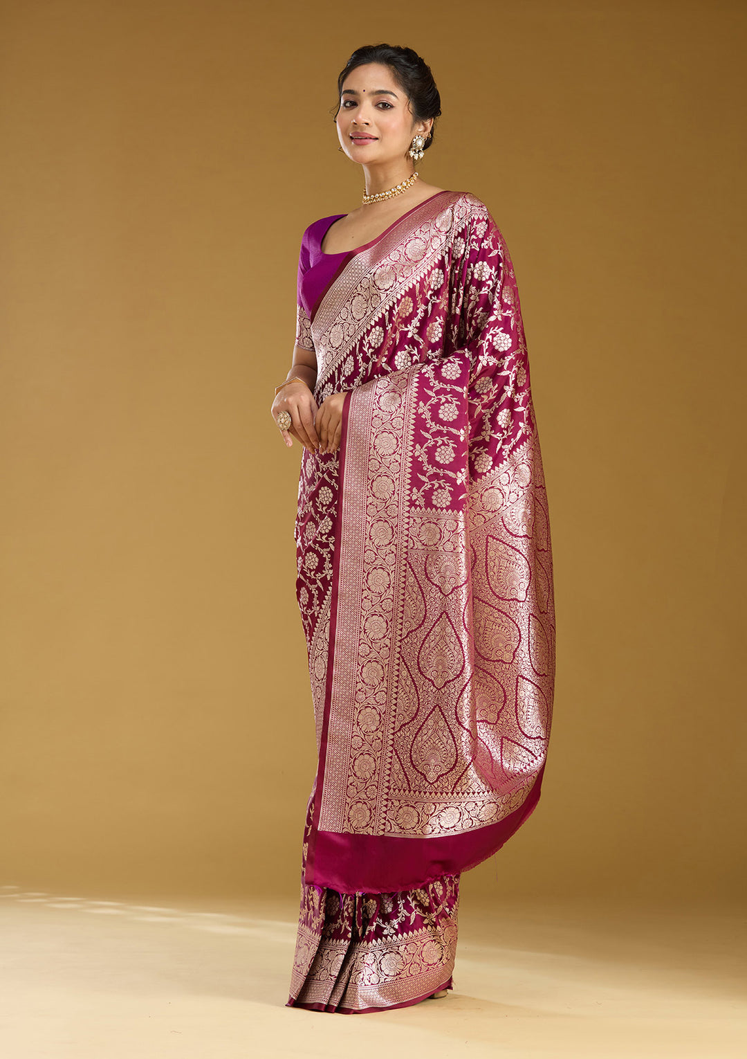 Wine Zariwork (Gold) Satin Silk Saree