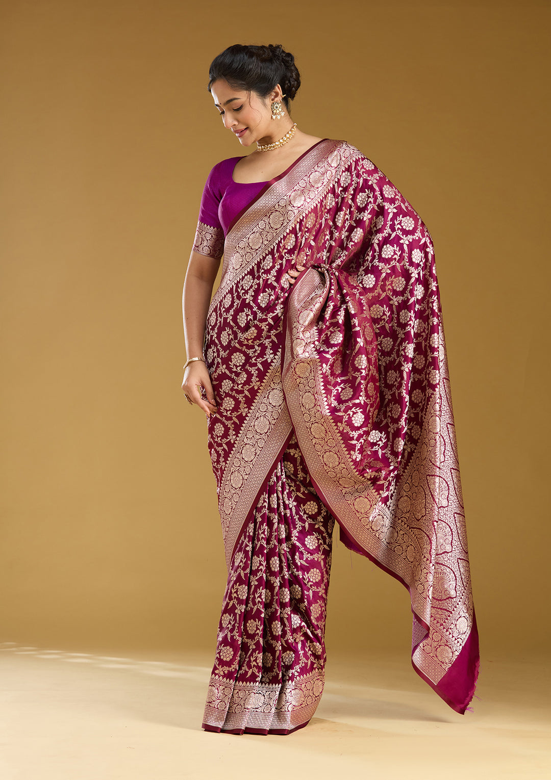 Wine Zariwork (Gold) Satin Silk Saree