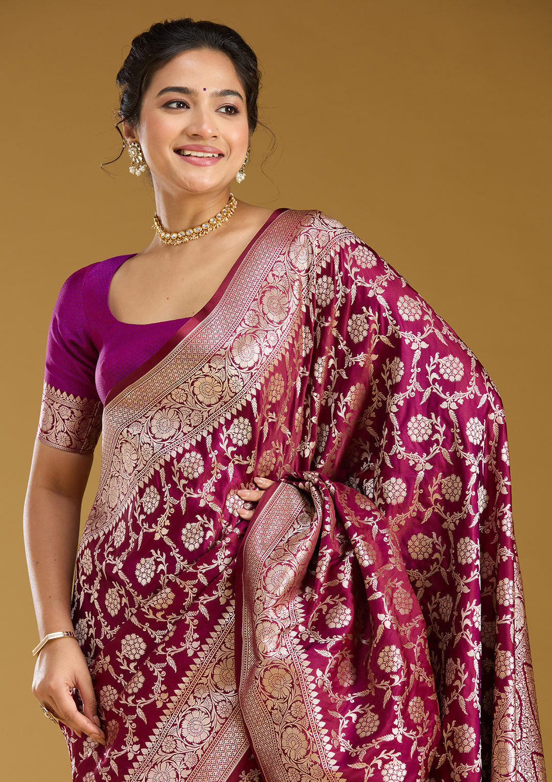 Wine Zariwork (Gold) Satin Silk Saree