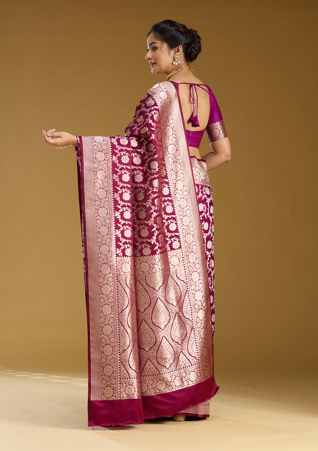 Wine Zariwork (Gold) Satin Silk Saree