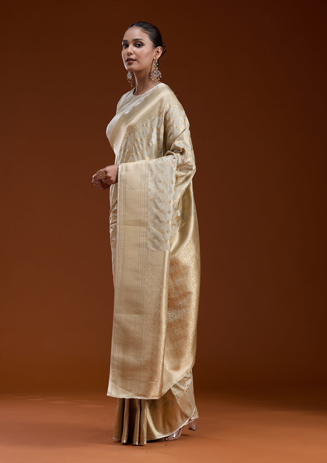 Beige Zariwork (Gold) Silk Saree