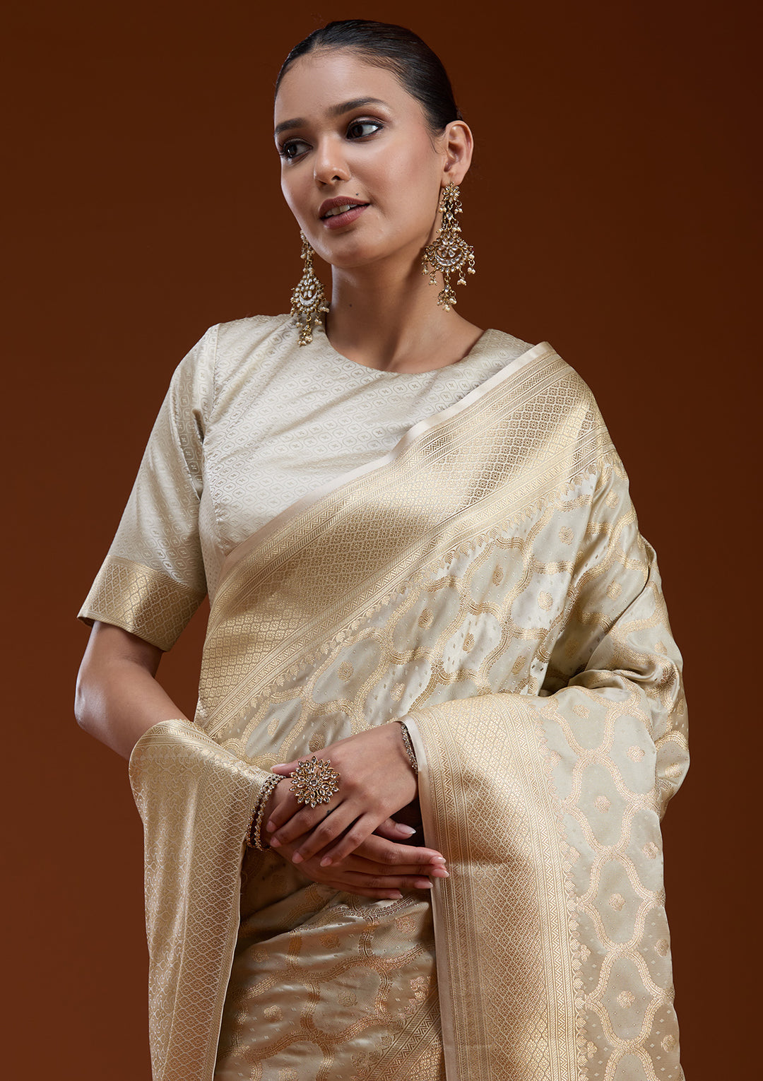 Beige Zariwork (Gold) Silk Saree