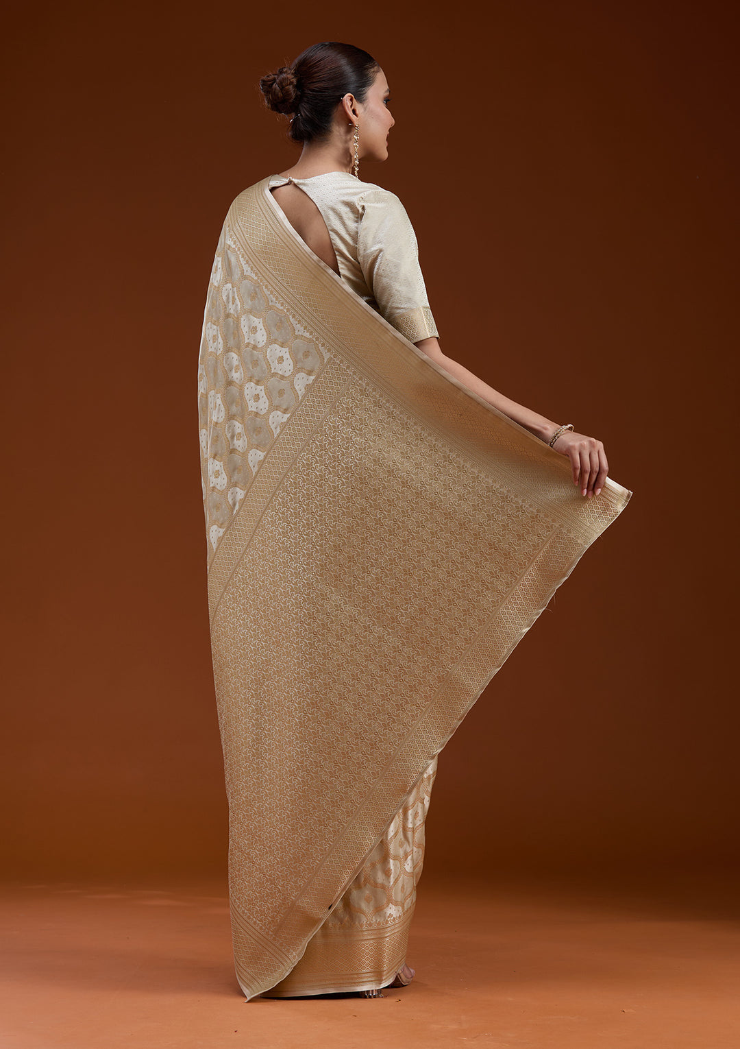 Beige Zariwork (Gold) Silk Saree