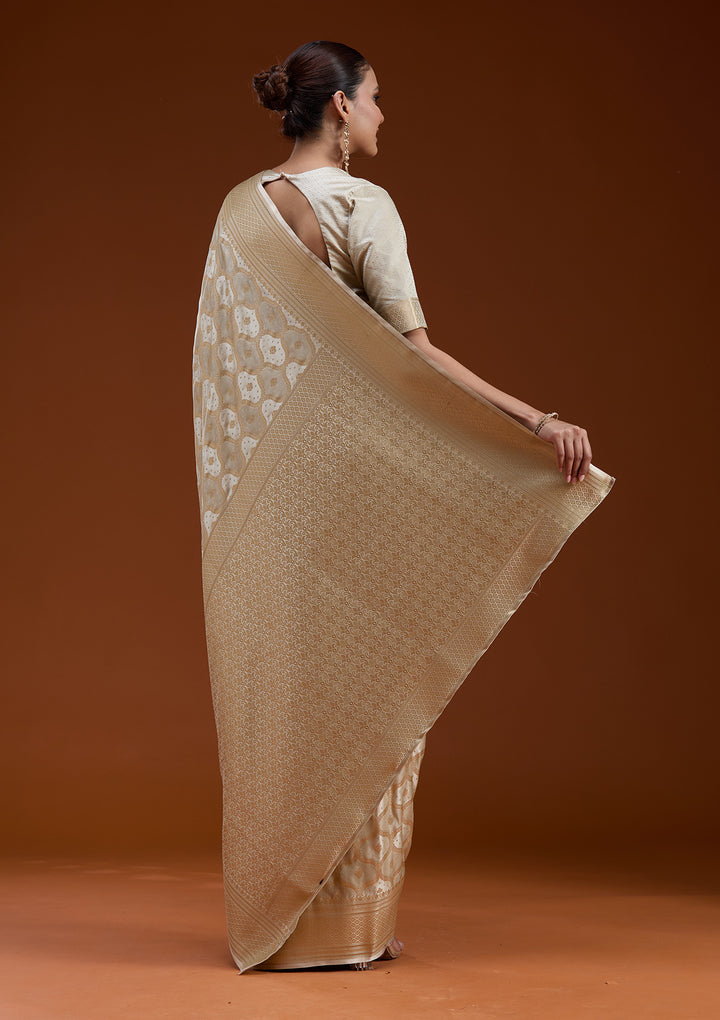 Beige Zariwork (Gold) Silk Saree