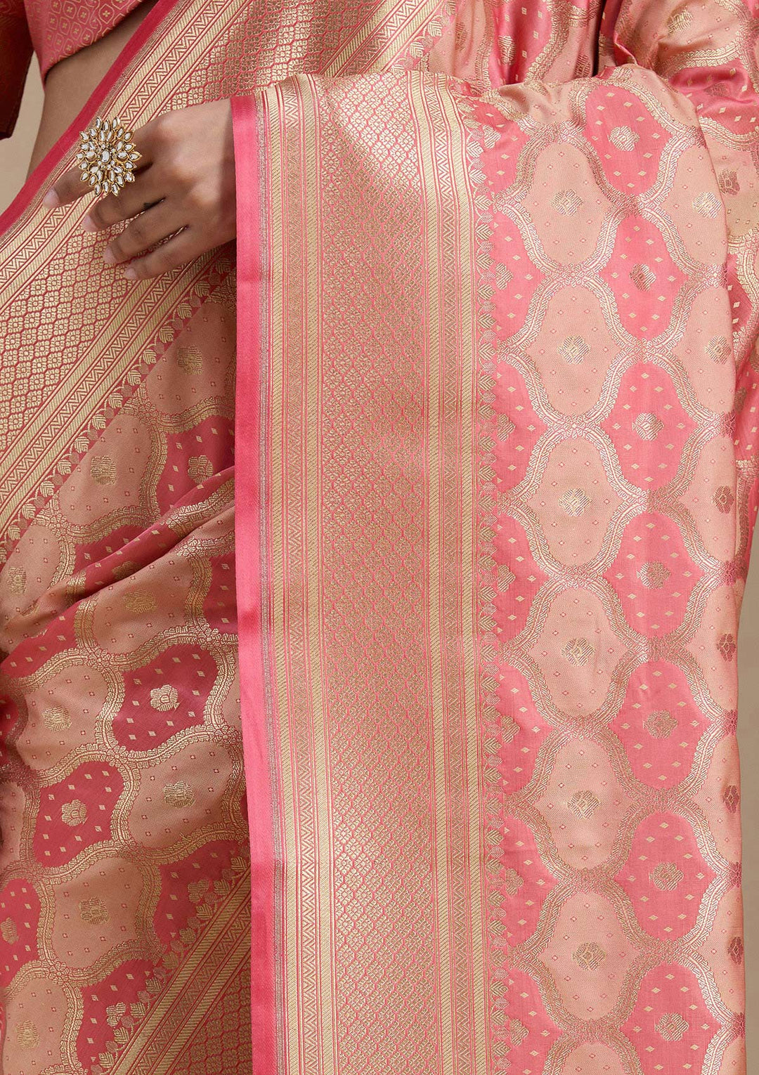 Peach Zariwork (Gold) Silk Saree